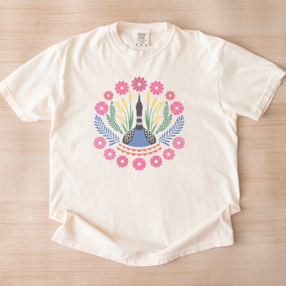 Loon in a Folk Art Flower Wreath Tee